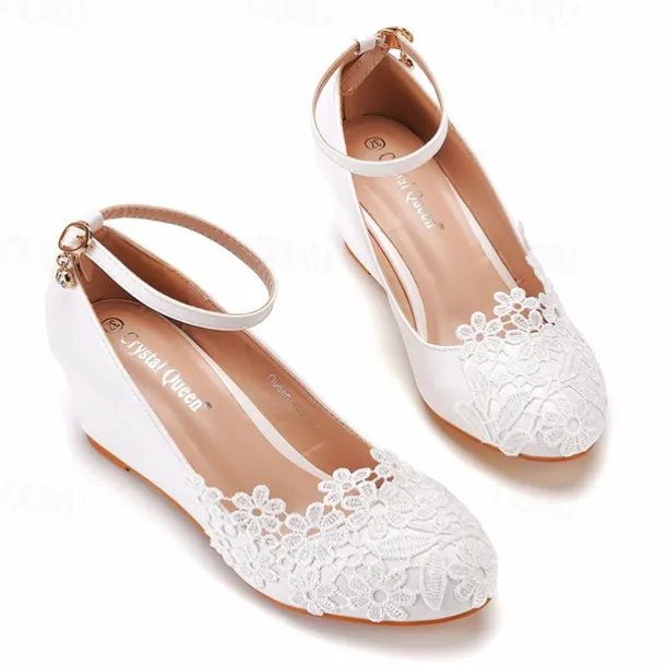 Women's White Lace Wedge Wedding Shoes – Elegant Floral Embroidery with Ankle Strap for Brides and Special Occasions
