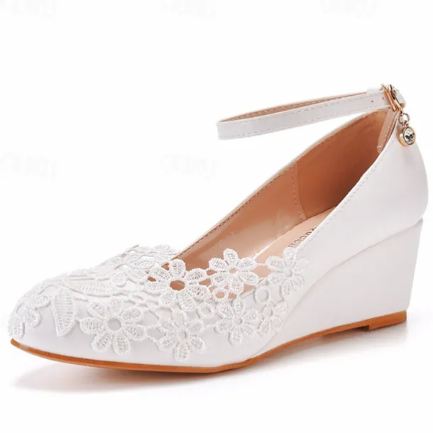 Women's White Lace Wedge Wedding Shoes – Elegant Floral Embroidery with Ankle Strap for Brides and Special Occasions