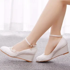Women's White Lace Wedge Wedding Shoes – Elegant Floral Embroidery with Ankle Strap for Brides and Special Occasions