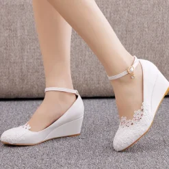 Women's White Lace Wedge Wedding Shoes – Elegant Floral Embroidery with Ankle Strap for Brides and Special Occasions
