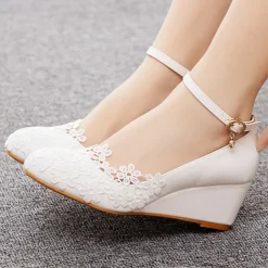 Women's White Lace Wedge Wedding Shoes – Elegant Floral Embroidery with Ankle Strap for Brides and Special Occasions
