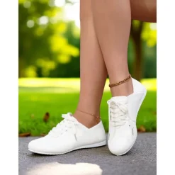 Women's White Lace-Up Casual Flat Shoes – Comfortable Lightweight Sneakers for Everyday Wear, Walking, Travel and Street Style Outfits