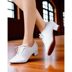 Women's White Lace-Up Dance Shoes - Low Heel Professional Practice Footwear for Ballroom, Latin and Jazz Training