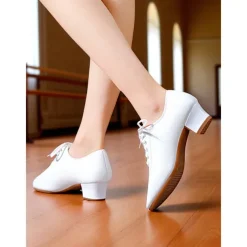 Women's White Lace-Up Dance Shoes - Low Heel Professional Practice Footwear for Ballroom, Latin and Jazz Training