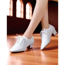 Women's White Lace-Up Dance Shoes - Low Heel Professional Practice Footwear for Ballroom, Latin and Jazz Training