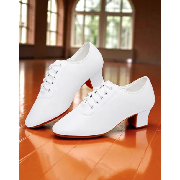 Women's White Lace-Up Dance Shoes - Low Heel Professional Practice Footwear for Ballroom, Latin and Jazz Training