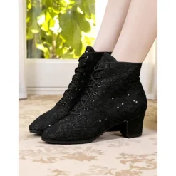 Women's White Lace-Up Performance Dance Boots with Rhinestone Accents - Vintage-Style Stage Shoes for Ballroom Shows, Costume Performances, and Theatrical Events