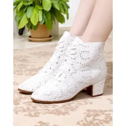 Women's White Lace-Up Performance Dance Boots with Rhinestone Accents - Vintage-Style Stage Shoes for Ballroom Shows, Costume Performances, and Theatrical Events