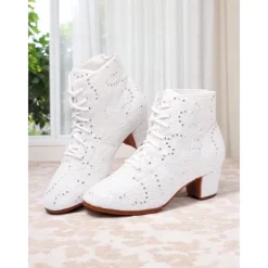 Women's White Lace-Up Performance Dance Boots with Rhinestone Accents - Vintage-Style Stage Shoes for Ballroom Shows, Costume Performances, and Theatrical Events