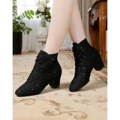 Women's White Lace-Up Performance Dance Boots with Rhinestone Accents - Vintage-Style Stage Shoes for Ballroom Shows, Costume Performances, and Theatrical Events