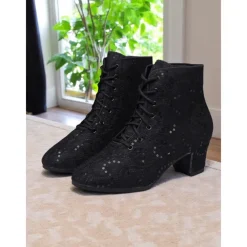 Women's White Lace-Up Performance Dance Boots with Rhinestone Accents - Vintage-Style Stage Shoes for Ballroom Shows, Costume Performances, and Theatrical Events
