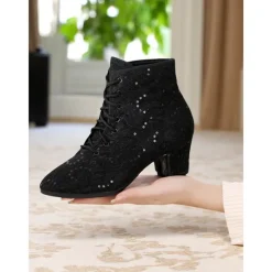 Women's White Lace-Up Performance Dance Boots with Rhinestone Accents - Vintage-Style Stage Shoes for Ballroom Shows, Costume Performances, and Theatrical Events