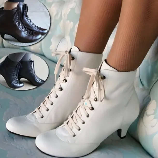 Women's White Lace-Up Victorian Ankle Boots with Mid Heel, Vintage-Inspired Footwear for Formal and Retro Style