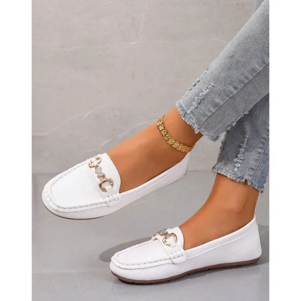 Women's White Leather Loafers with Gold Chain Detail - Elegant and Comfortable Shoes for Casual and Formal Wear