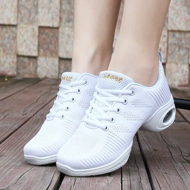 Women's White Mesh Breathable Jazz Dance Sneakers – Lightweight Lace-Up Air Cushion Shoes for Fitness, Zumba, Hip Hop & Practice Training