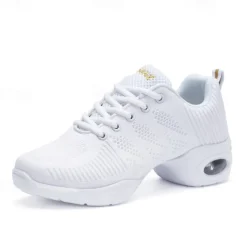 Women's White Mesh Breathable Jazz Dance Sneakers – Lightweight Lace-Up Air Cushion Shoes for Fitness, Zumba, Hip Hop & Practice Training