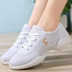 Women's White Mesh Dance Shoes – Lightweight Breathable Sneakers for Jazz, Ballet, and Fitness Dance