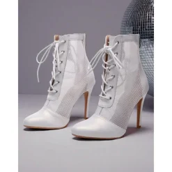 Women's White Mesh Lace-Up Disco Dance Boots - Retro High Heel Ankle Boots for Vintage Party & Clubwear