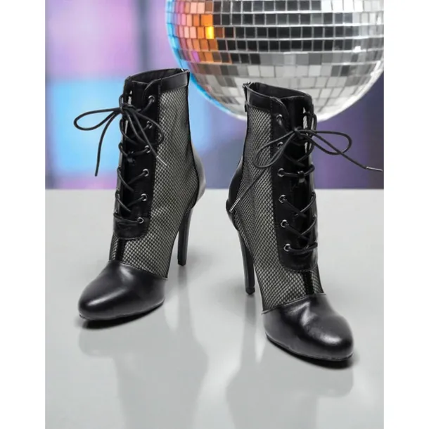 Women's White Mesh Lace-Up Disco Dance Boots - Retro High Heel Ankle Boots for Vintage Party & Clubwear
