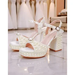 Women's White Pearl Embellished Platform Block Heel Sandals with Ankle Strap - Elegant Wedding and Formal Party Shoes for Ladies