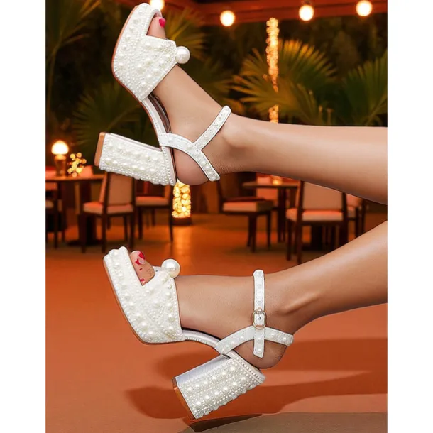 Women's White Pearl Embellished Platform Block Heel Sandals with Ankle Strap - Elegant Wedding and Formal Party Shoes for Ladies