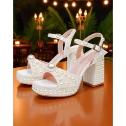 Women's White Pearl Embellished Platform Block Heel Sandals with Ankle Strap - Elegant Wedding and Formal Party Shoes for Ladies