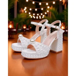 Women's White Pearl Embellished Platform Block Heel Sandals with Ankle Strap - Elegant Wedding and Formal Party Shoes for Ladies