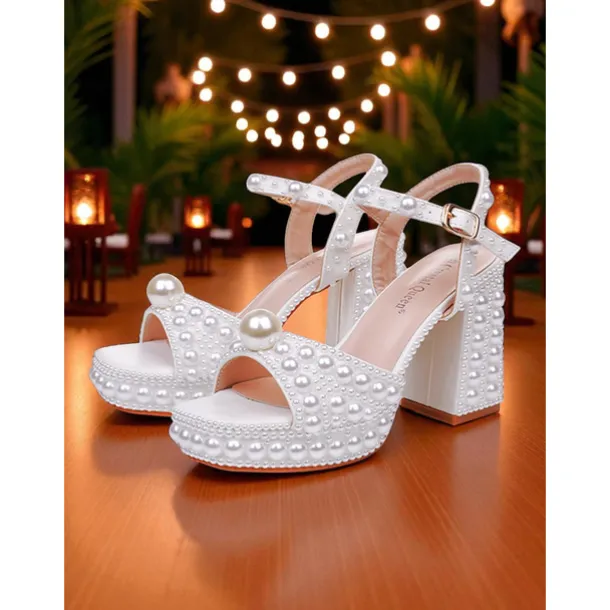 Women's White Pearl Embellished Platform Block Heel Sandals with Ankle Strap - Elegant Wedding and Formal Party Shoes for Ladies