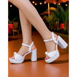 Women's White Pearl Embellished Platform Block Heel Sandals with Ankle Strap - Elegant Wedding and Formal Party Shoes for Ladies