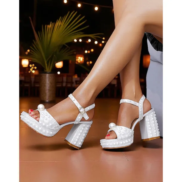 Women's White Pearl Embellished Platform Block Heel Sandals with Ankle Strap - Elegant Wedding and Formal Party Shoes for Ladies