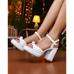 Women's White Pearl Embellished Platform Block Heel Sandals with Ankle Strap - Elegant Wedding and Formal Party Shoes for Ladies