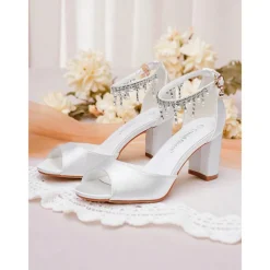 Women's White Peep Toe Block Heel Shoes with Pearl Ankle Strap - Elegant Wedding and Formal Party Heels for Brides and Ladies