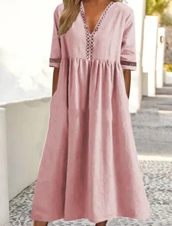 Women's White Pink Blue Summer Spring Midi Dress Cotton Linen Dresses Casual Dress Basic Modern Daily Weekend Loose Fit Plain V Neck