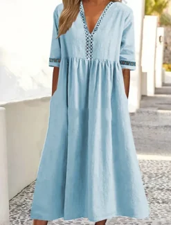 Women's White Pink Blue Summer Spring Midi Dress Cotton Linen Dresses Casual Dress Basic Modern Daily Weekend Loose Fit Plain V Neck