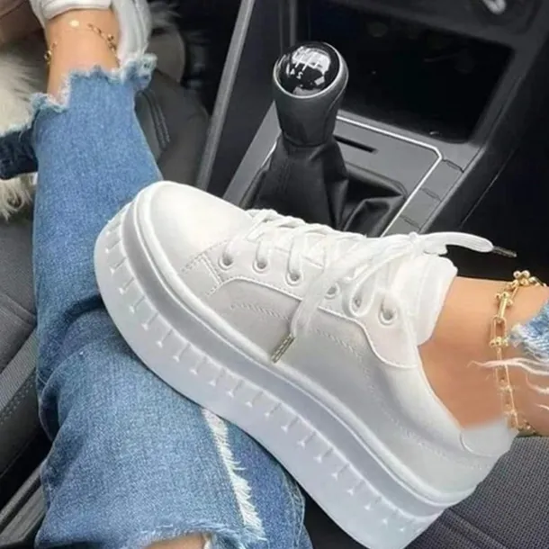 Women's White Platform Lace-Up Sneakers with Chunky Sole - Trendy Casual Shoes for Streetwear and Everyday Style