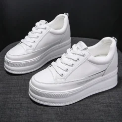Women's White Platform Sneakers with Lace-Up Design and Elevated Sole - Perfect for Casual Wear and Street Style