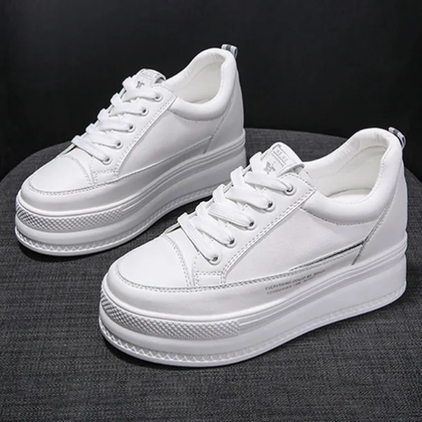 Women's White Platform Sneakers with Lace-Up Design and Elevated Sole - Perfect for Casual Wear and Street Style