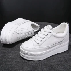 Women's White Platform Sneakers with Lace-Up Design and Elevated Sole - Perfect for Casual Wear and Street Style