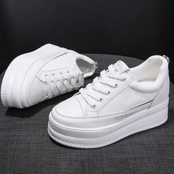 Women's White Platform Sneakers with Lace-Up Design and Elevated Sole - Perfect for Casual Wear and Street Style