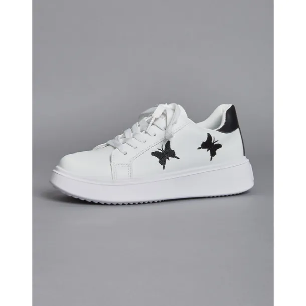 Women's White Platform Sneakers with Butterfly Embroidery | Casual Lace-Up Shoes for Everyday Wear