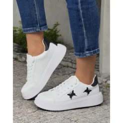 Women's White Platform Sneakers with Butterfly Embroidery | Casual Lace-Up Shoes for Everyday Wear