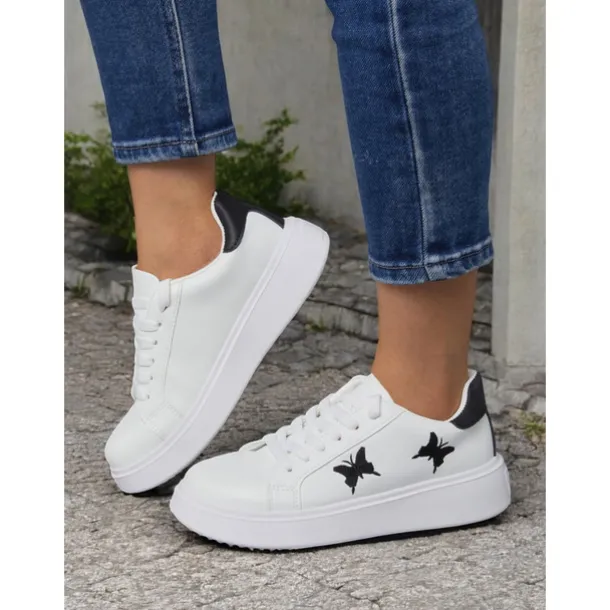 Women's White Platform Sneakers with Butterfly Embroidery | Casual Lace-Up Shoes for Everyday Wear