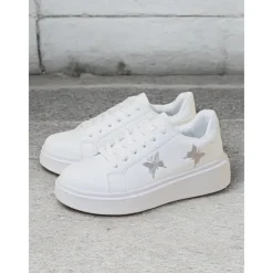Women's White Platform Sneakers with Butterfly Embroidery | Casual Lace-Up Shoes for Everyday Wear