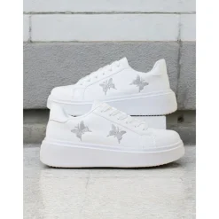 Women's White Platform Sneakers with Butterfly Embroidery | Casual Lace-Up Shoes for Everyday Wear