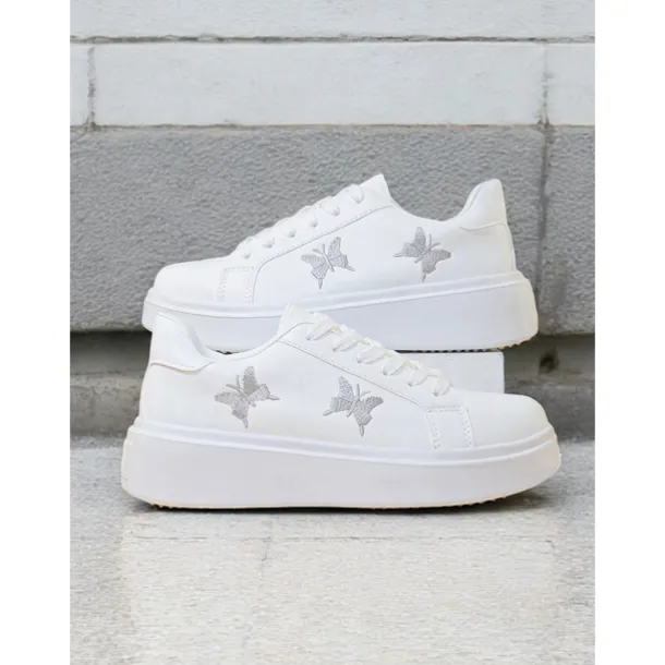 Women's White Platform Sneakers with Butterfly Embroidery | Casual Lace-Up Shoes for Everyday Wear