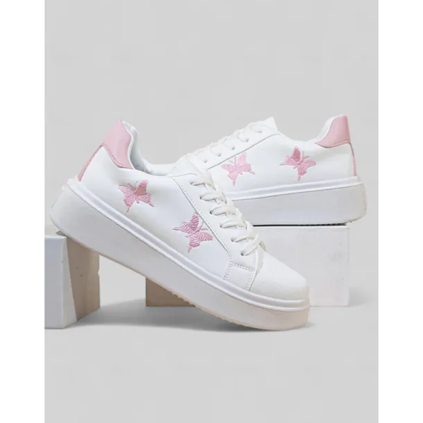 Women's White Platform Sneakers with Butterfly Embroidery | Casual Lace-Up Shoes for Everyday Wear