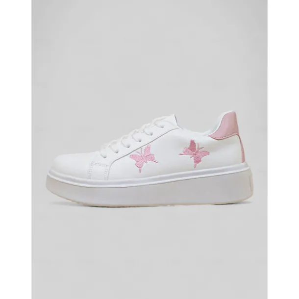 Women's White Platform Sneakers with Butterfly Embroidery | Casual Lace-Up Shoes for Everyday Wear