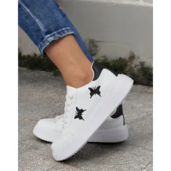 Women's White Platform Sneakers with Butterfly Embroidery | Casual Lace-Up Shoes for Everyday Wear
