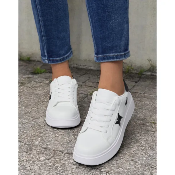 Women's White Platform Sneakers with Butterfly Embroidery | Casual Lace-Up Shoes for Everyday Wear
