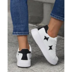 Women's White Platform Sneakers with Butterfly Embroidery | Casual Lace-Up Shoes for Everyday Wear